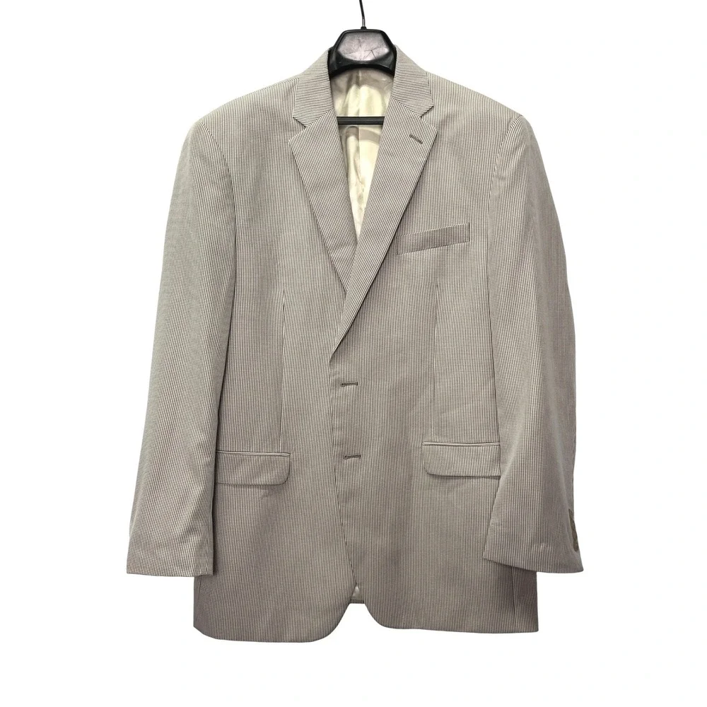 Chaps Men 44L Sport Coat Blazer Jacket Brown White Gingham Micro Check 2 Button